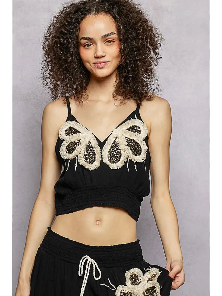 Embroidery Fringe V-Neck Sleeveless Cropped Top