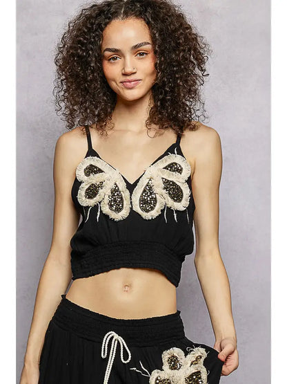 Embroidery Fringe V-Neck Sleeveless Cropped Top