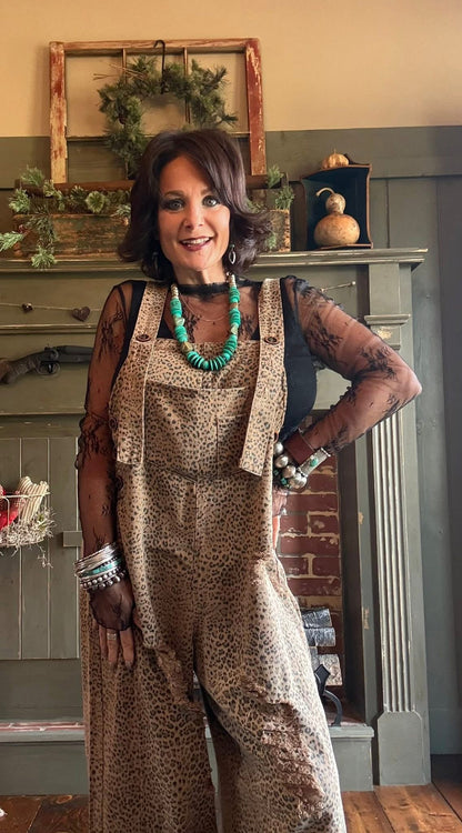 Leopard Print Washed Denim Overalls