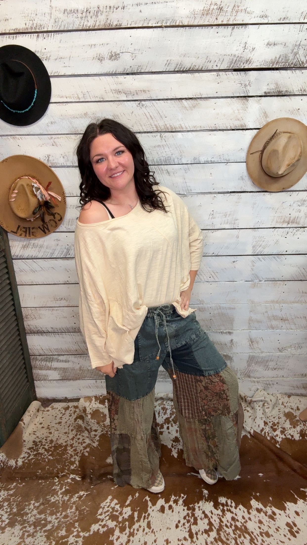 Boho Chic Tiered Patch Inserted Denim &Knit Pants