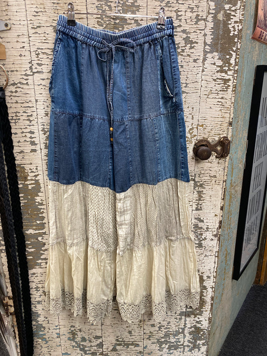 Boho chic Tiered Patch Inserted Denim &Knit Pants