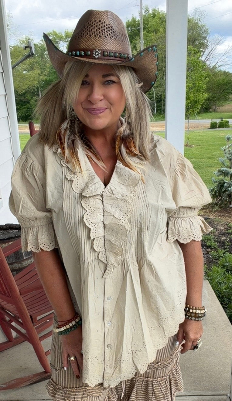 Eyelet Linen Top Cream
