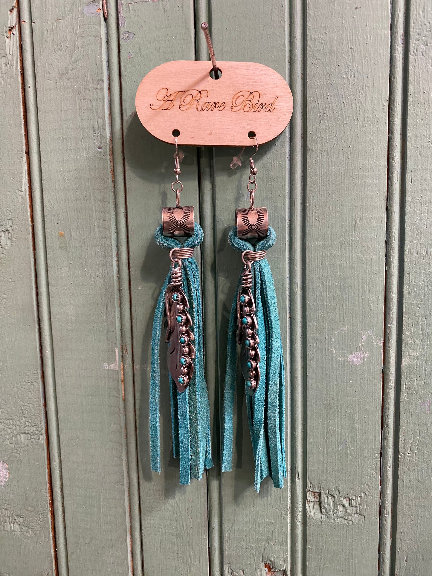 Turquoise Metal Feather Earrings