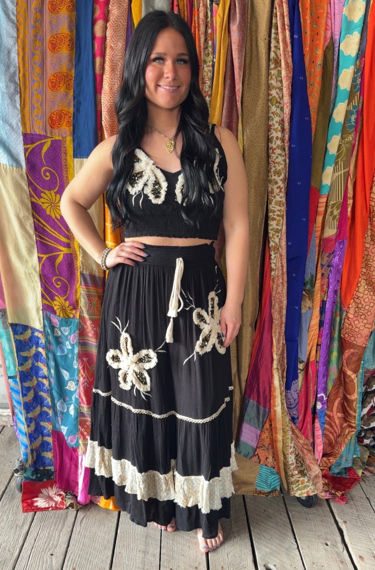 Smocked Waist Ruffle Embroidered Fringe Long Skirt