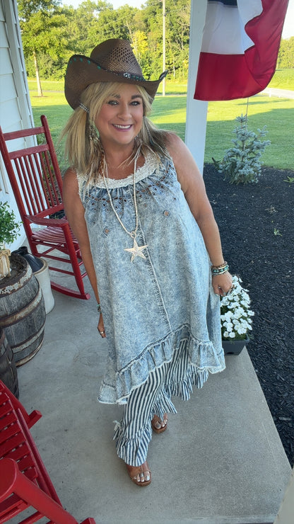 Crochet Sleeveless Crafted Denim  Dress