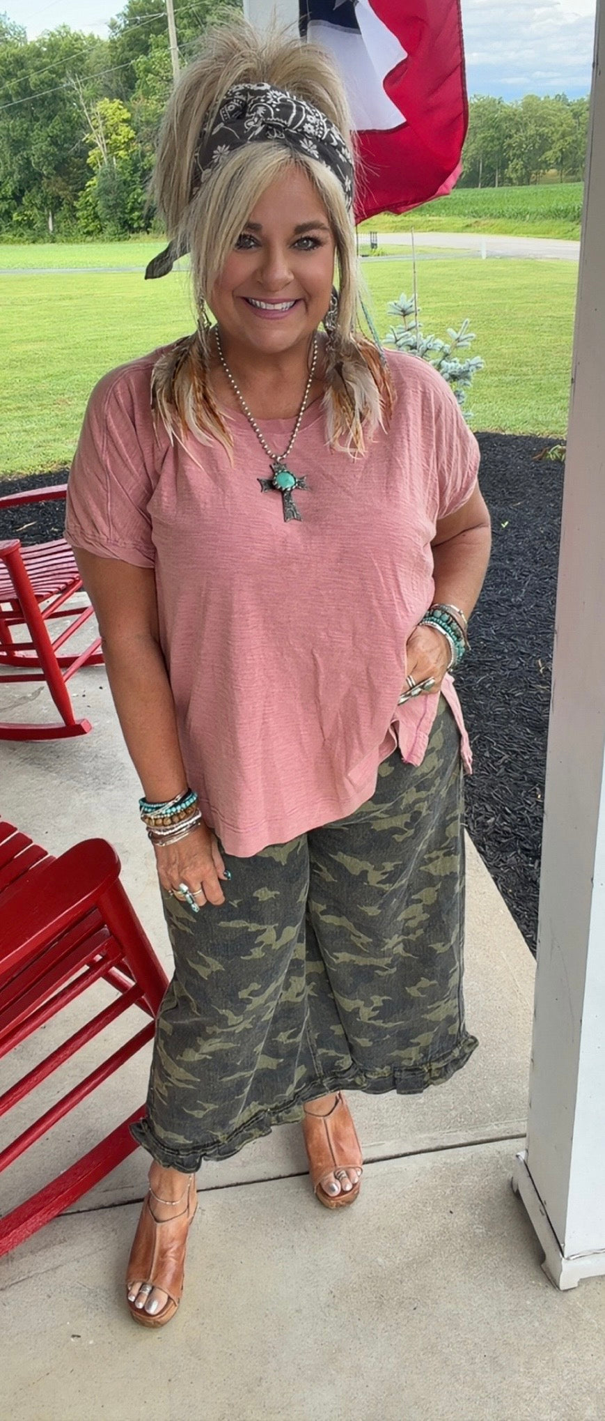 Camouflage Denim Ruffled Hem Mid Rise Bloomer Pants