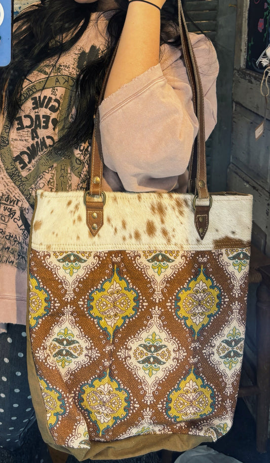 Brown / Yellow Rug Tote With Fur