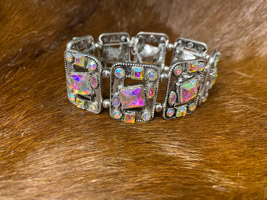 Wide Silver With Crystals Stretch Bracelet