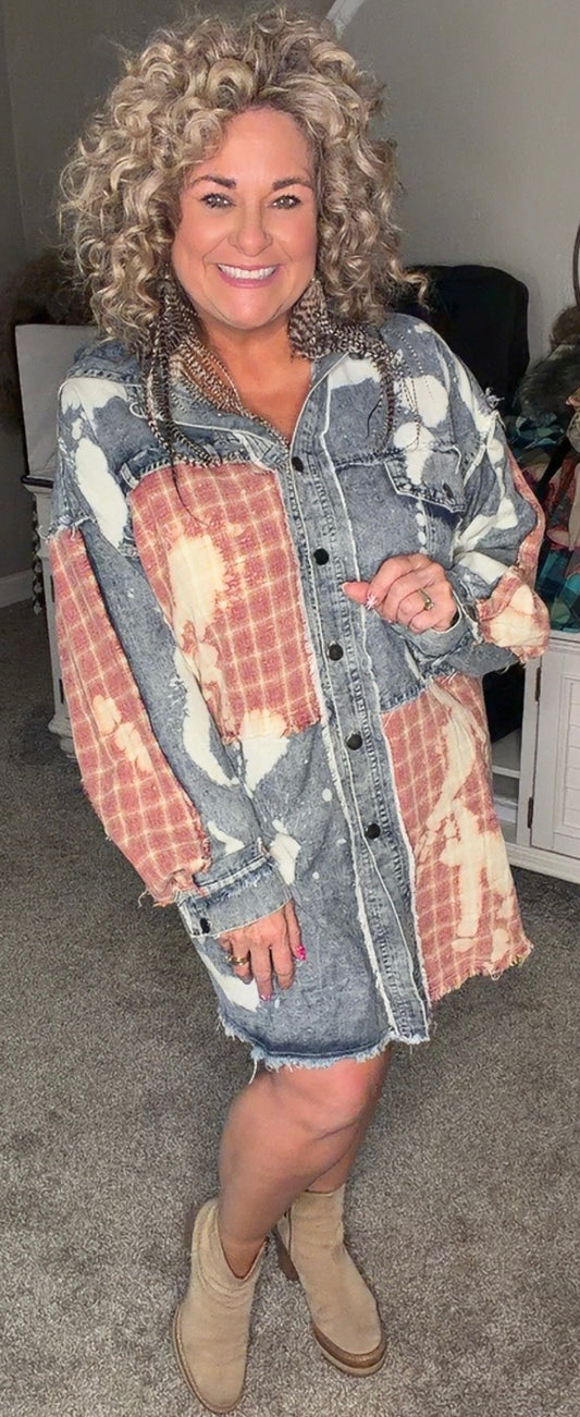 Washed Bleached Denim Plaid Button Front Shacket