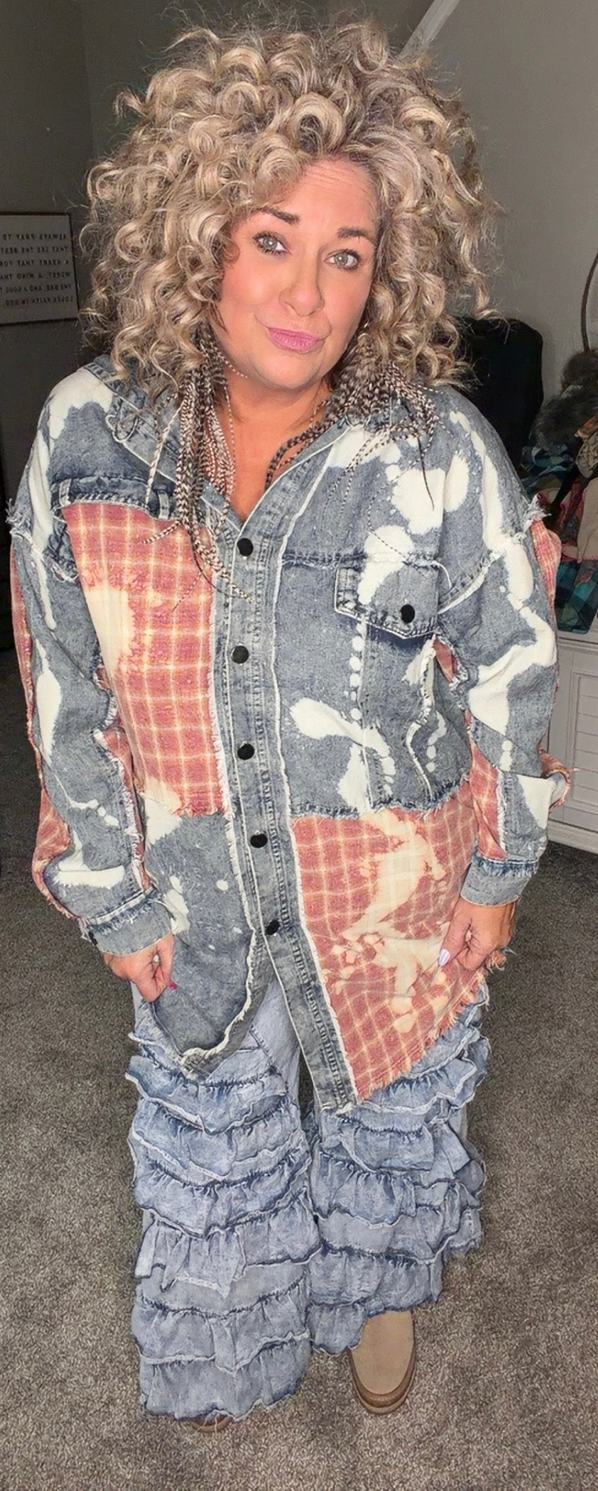 Washed Bleached Denim Plaid Button Front Shacket