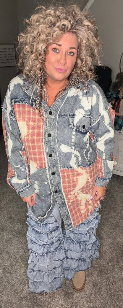 Washed Bleached Denim Plaid Button Front Shacket