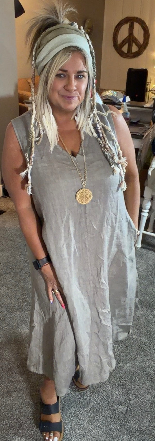 Sleeveless V Neck Dress- Dust