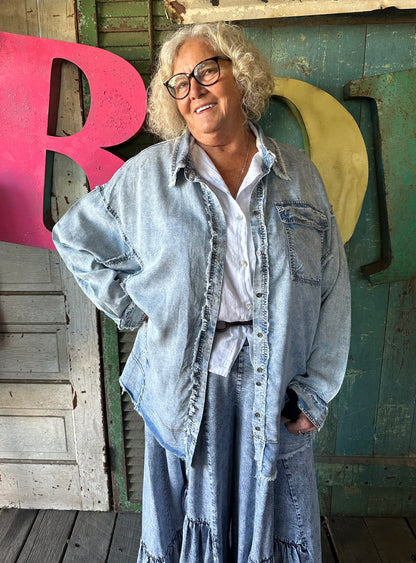 Washed Chambray Denim Button Down Shirt