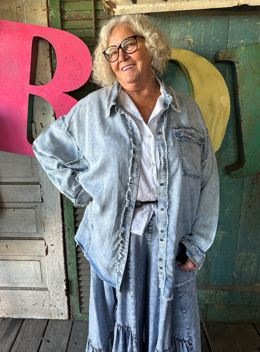 Washed Chambray Denim Button Down Shirt