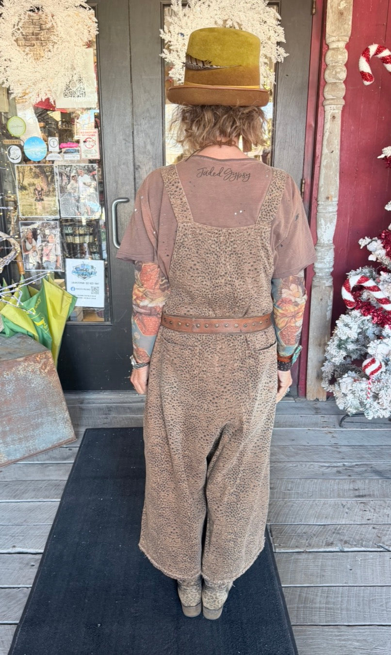 Leopard Print Washed Denim Overalls