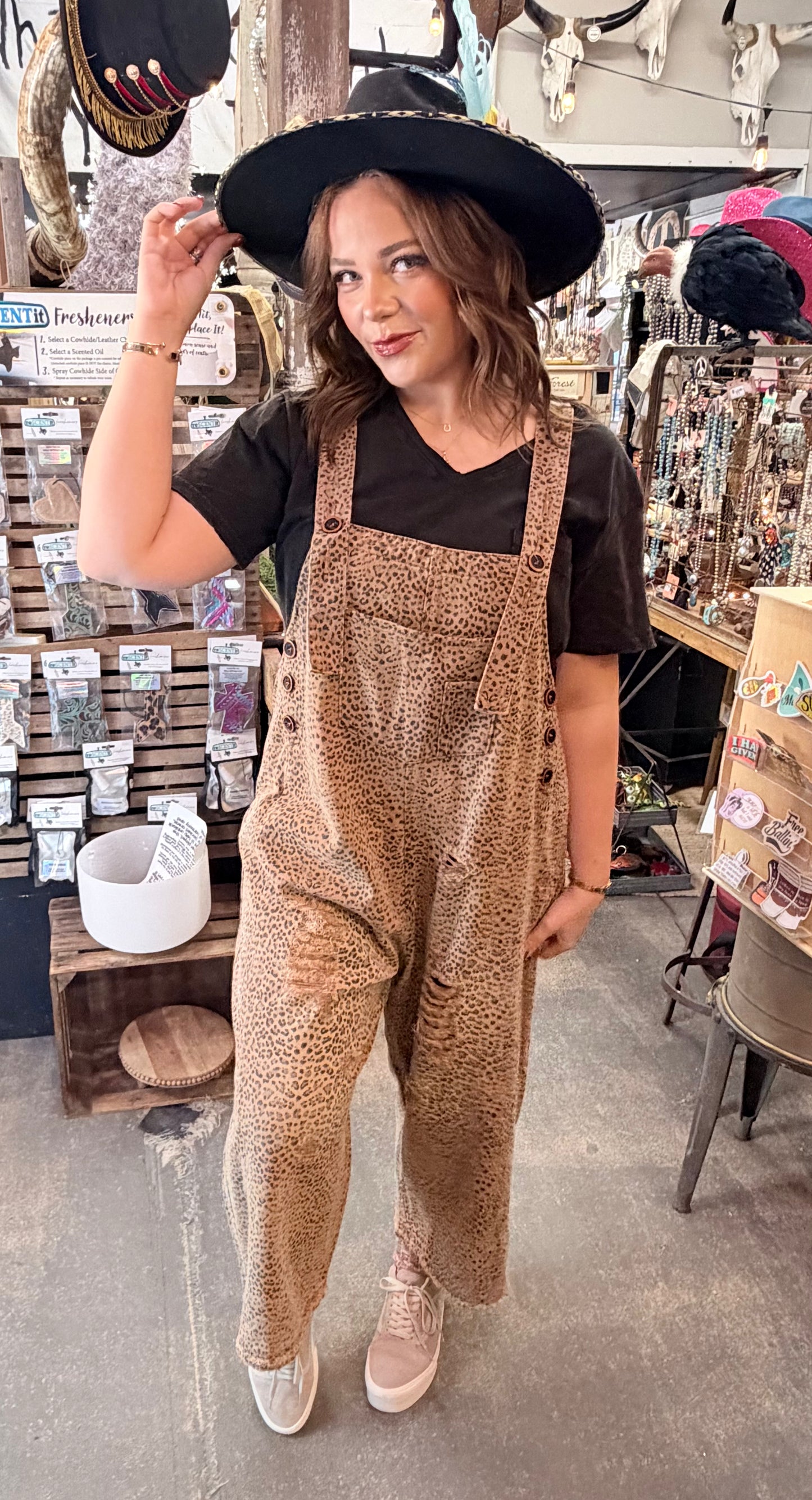 Leopard Print Washed Denim Overalls