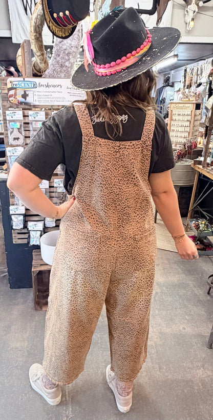 Leopard Print Washed Denim Overalls