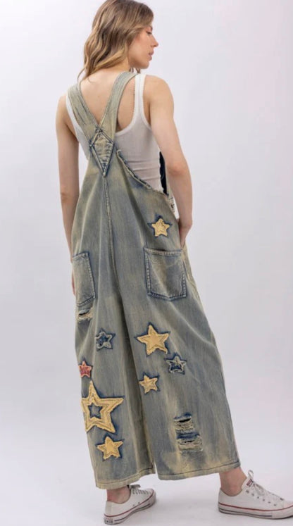 Distressed Denim Bib overalls  Stars