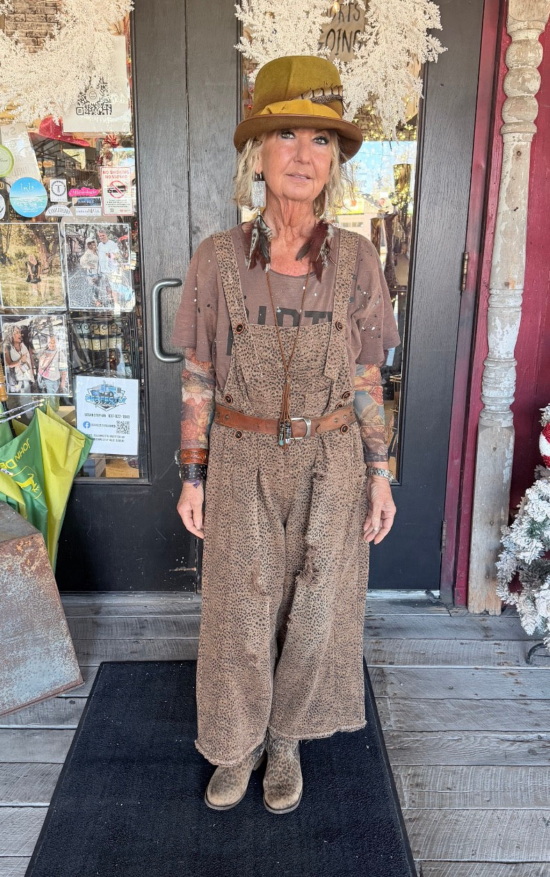 Leopard Print Washed Denim Overalls