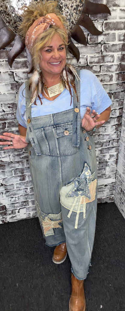 Denim Star Patchwork Bib overalls