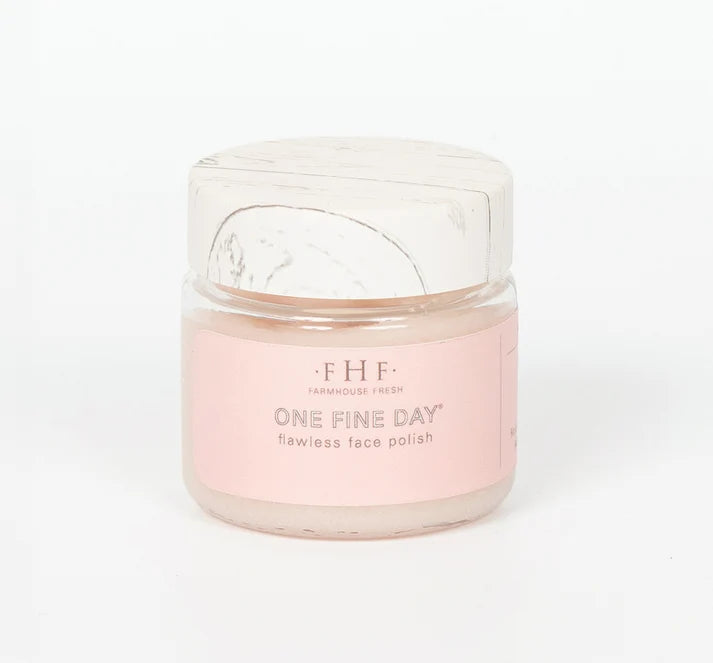 A jar of FHF Farmhouse Fresh One Fine Day Rawless Face Polish on a clean white background.