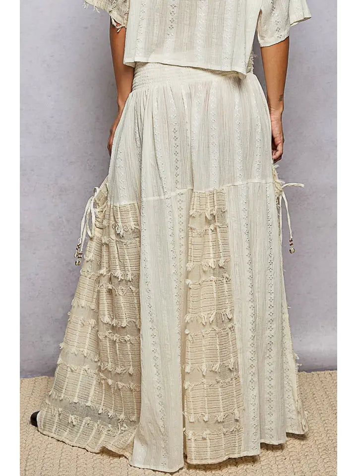Boho Ruffle Contrast Shell Trim Wide Leg Pants