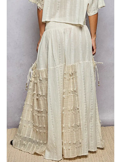 Boho Ruffle Contrast Shell Trim Wide Leg Pants