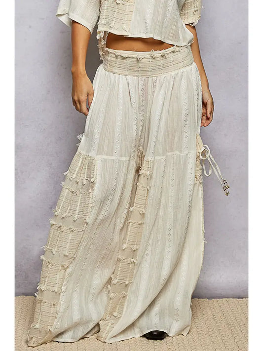Boho Ruffle Contrast Shell Trim Wide Leg Pants