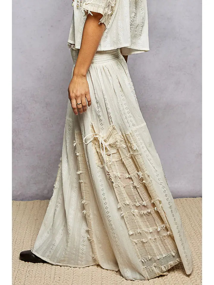 Boho Ruffle Contrast Shell Trim Wide Leg Pants