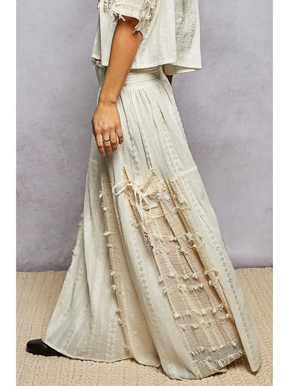 Boho Ruffle Contrast Shell Trim Wide Leg Pants