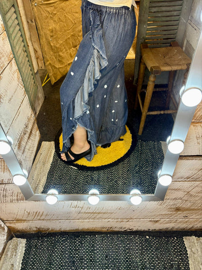 Tiered Ruffle Bell Bottom Denim Pants