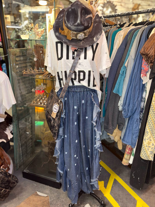 Tiered Ruffle Bell Bottom Denim Pants