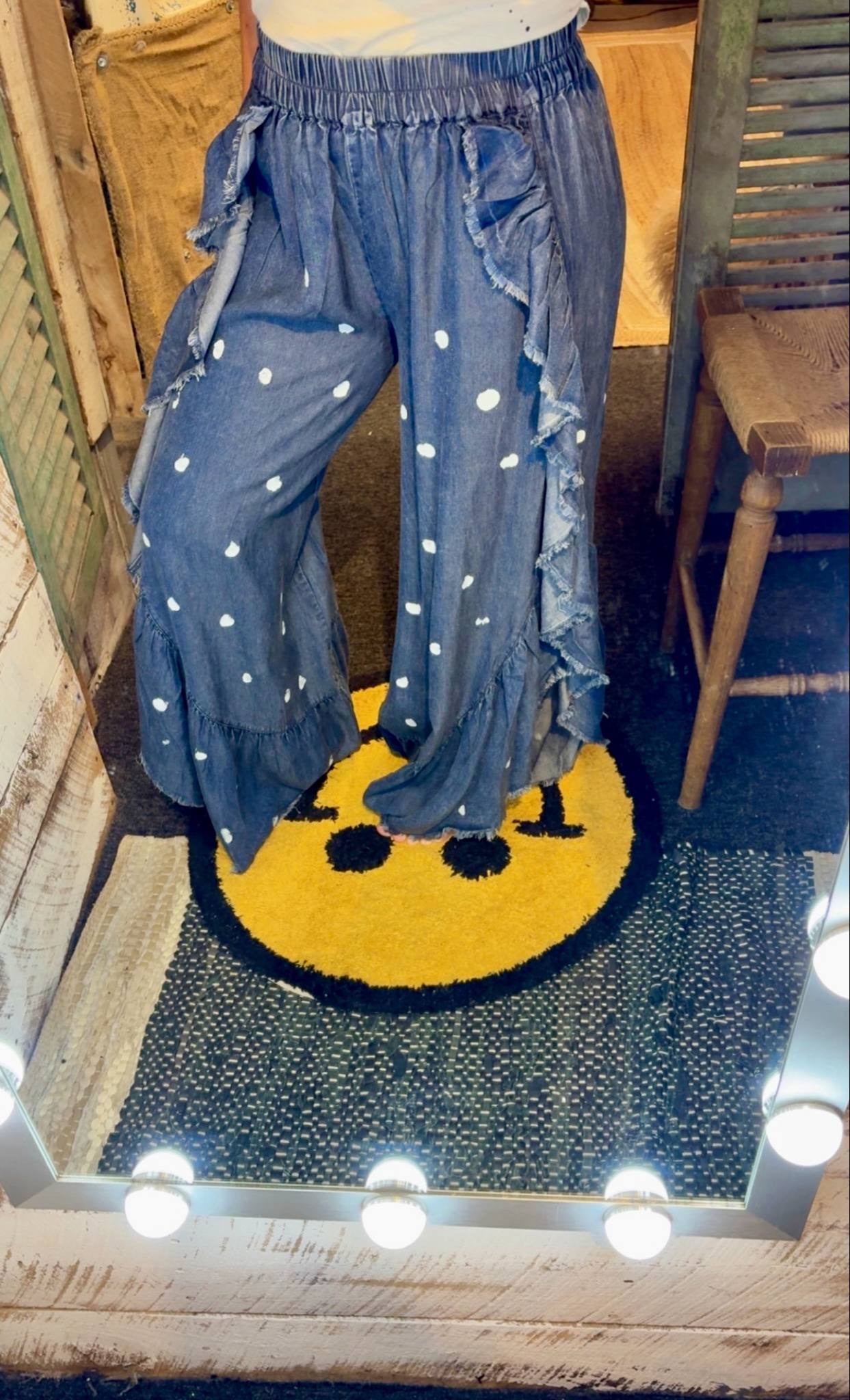 Tiered Ruffle Bell Bottom Denim Pants