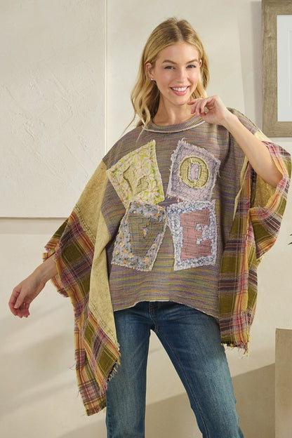Love Patchwork Detail Mixed Fabric Top