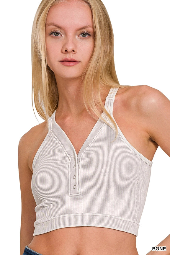 Washed Seamless Ribbed Snap Button Bralette
