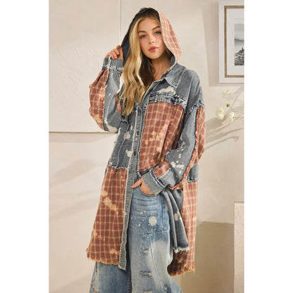 Washed Bleached Denim Plaid Button Front Shacket