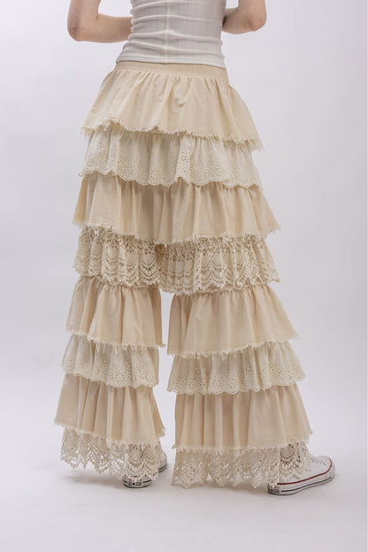LACE MIX TIERED RUFFLE PANTS