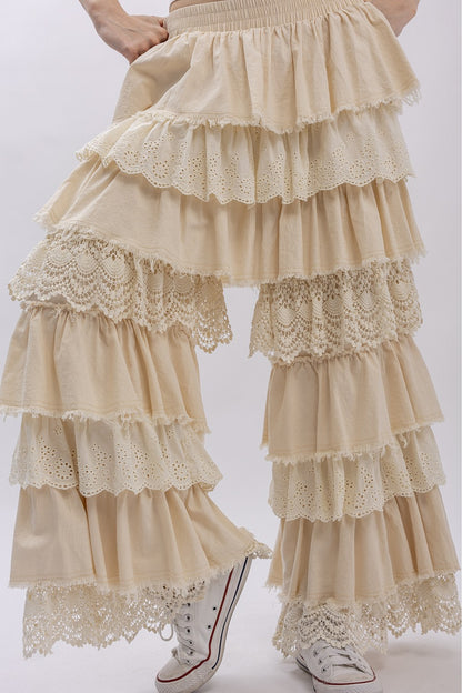 LACE MIX TIERED RUFFLE PANTS