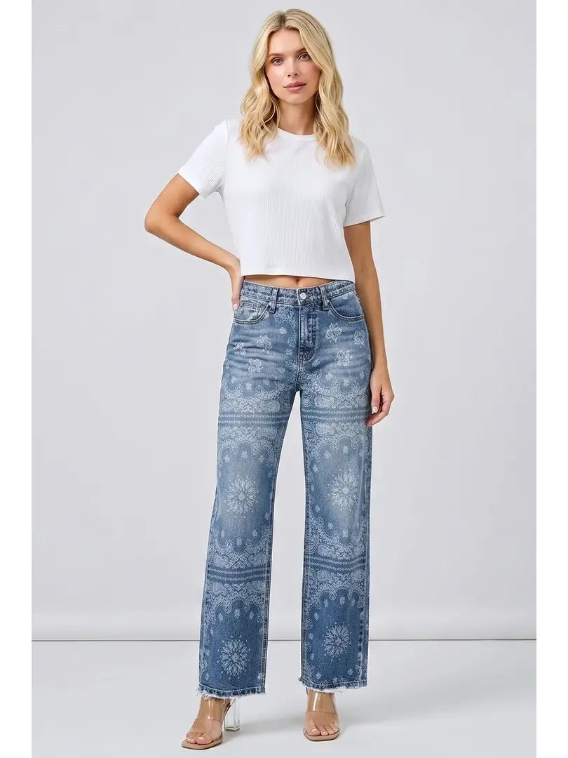 MID Rise Straight with Medallion Print Jeans
