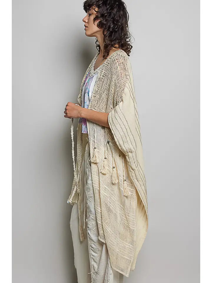 Boho Cotton Short Sleeve Sequin Tassel Midi Cardigan