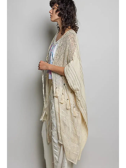 Boho Cotton Short Sleeve Sequin Tassel Midi Cardigan
