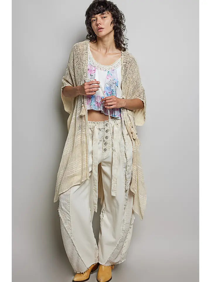 Boho Cotton Short Sleeve Sequin Tassel Midi Cardigan