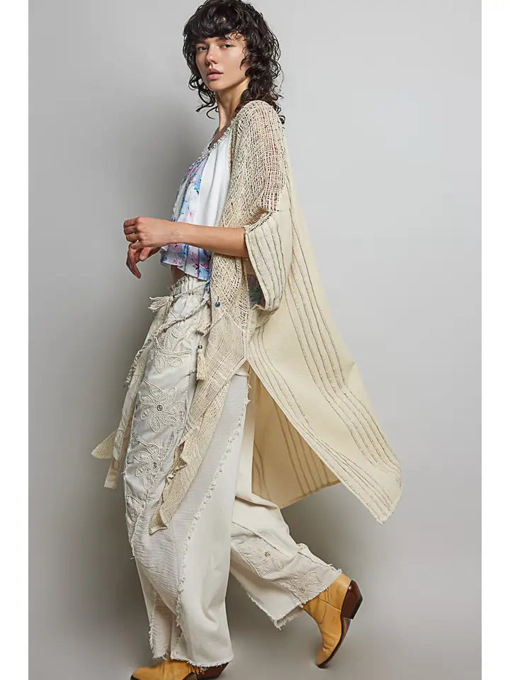Boho Cotton Short Sleeve Sequin Tassel Midi Cardigan