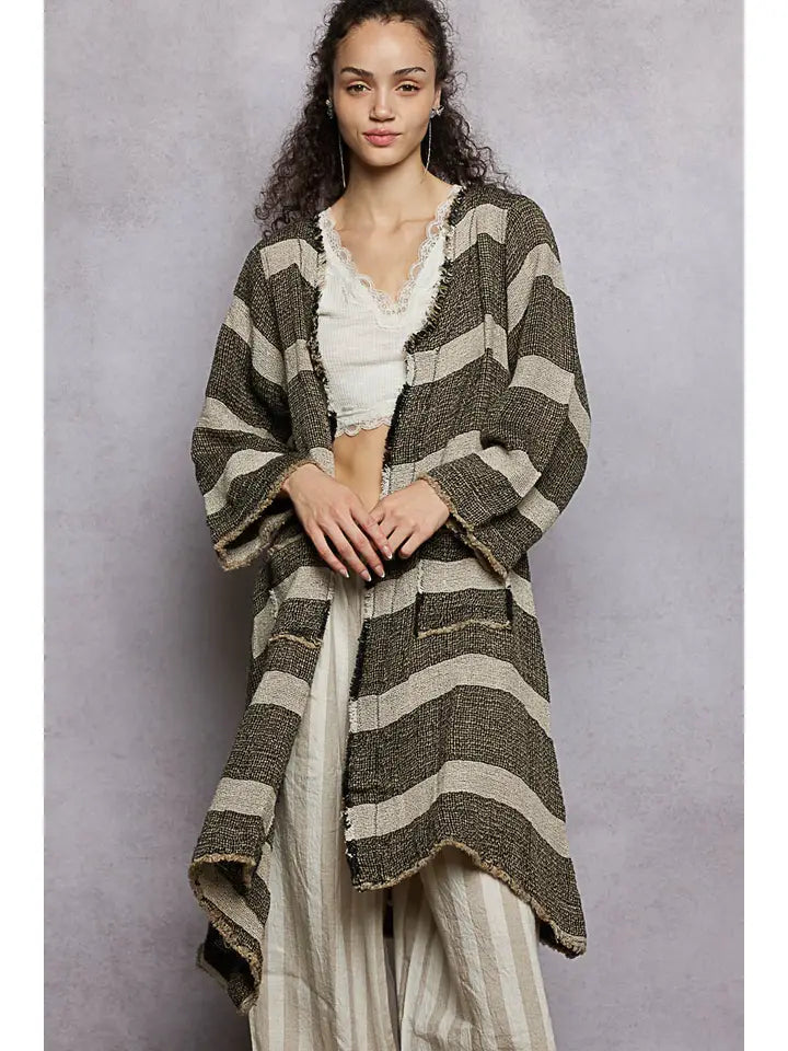 Long Sleeve Front Pocket Raw Edge Striped Linen Duster