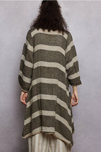 Long Sleeve Front Pocket Raw Edge Striped Linen Duster
