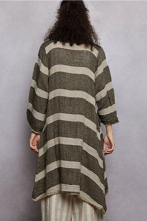 Long Sleeve Front Pocket Raw Edge Striped Linen Duster