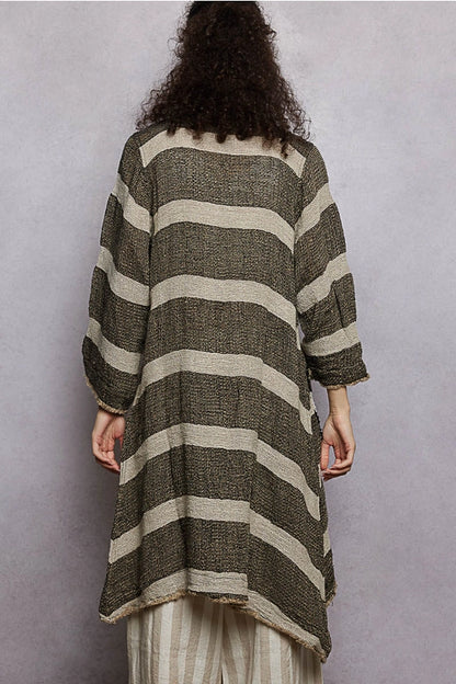 Long Sleeve Front Pocket Raw Edge Striped Linen Duster