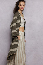 Long Sleeve Front Pocket Raw Edge Striped Linen Duster
