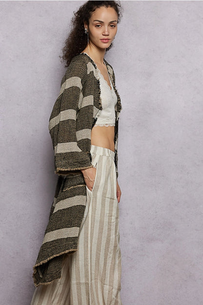 Long Sleeve Front Pocket Raw Edge Striped Linen Duster