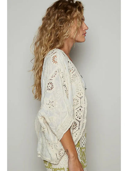 V-Neck Crochet Woven Roomy Fit Cardigan Top